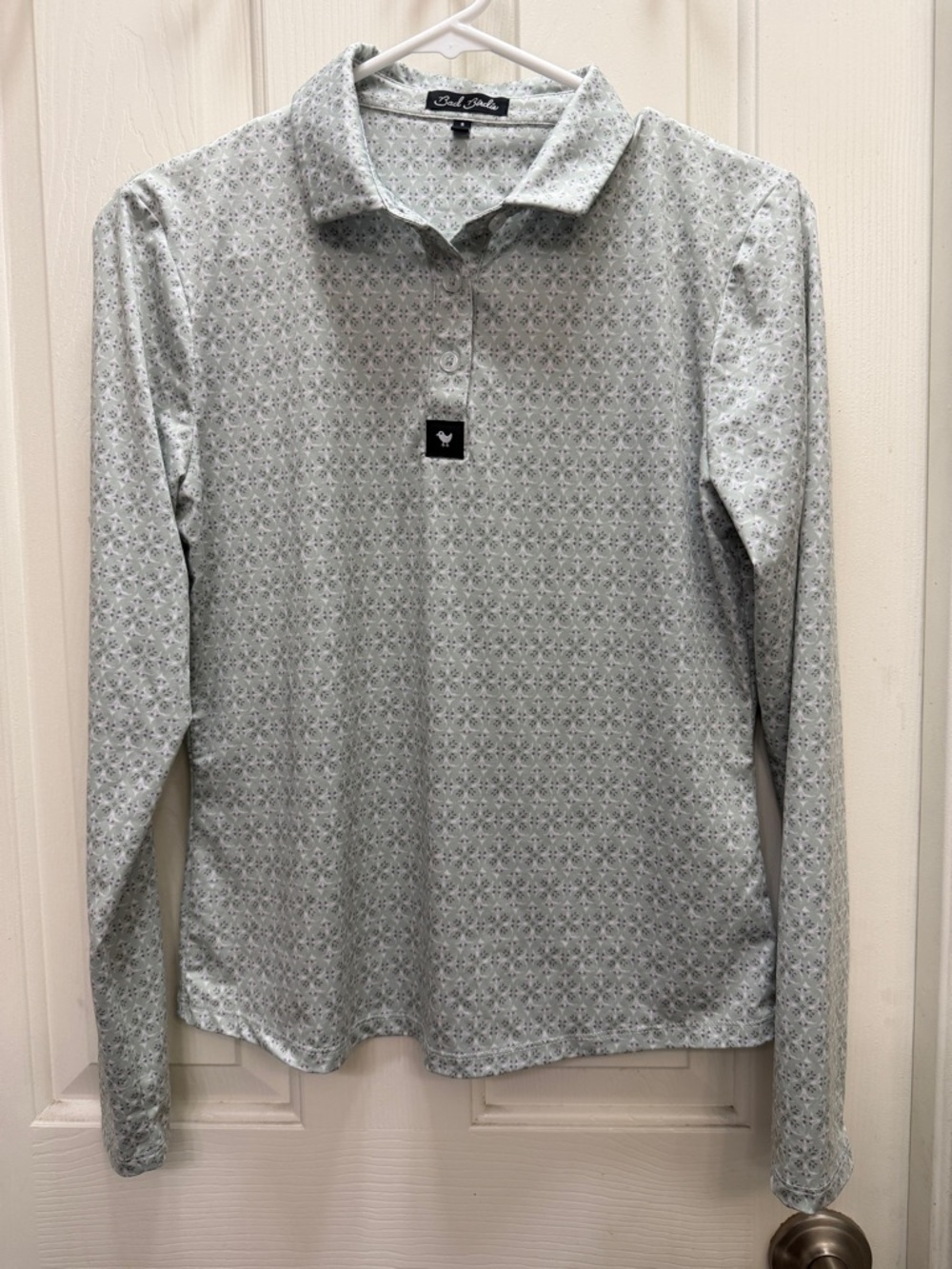 Women's Long Sleeve Polo from Bad Birdie light blue geometric pattern small nwt